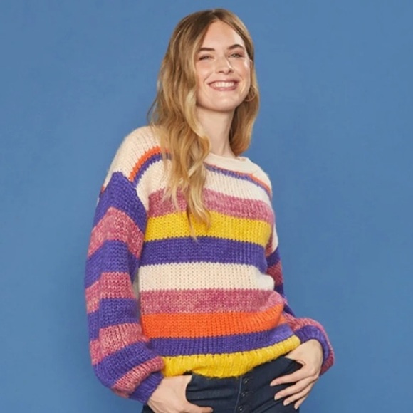 MODCLOTH Chunky Striped Maximalist Groovy Balloon Sleeve Cozy Sweater - Picture 1 of 7